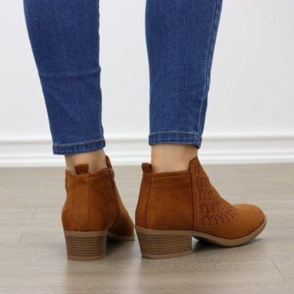 Brown Ankle Boots Perforated Faux Suede Low Heel Cutout Detail - Picture 5 of 6